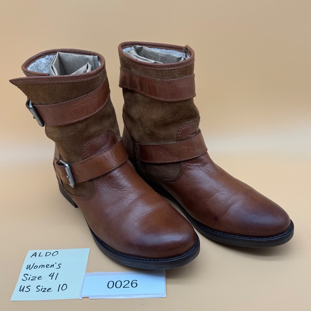 ALDO Women's Brown Leather Suede Buckle Moto Boots Size 41 US‎ 10 comfort